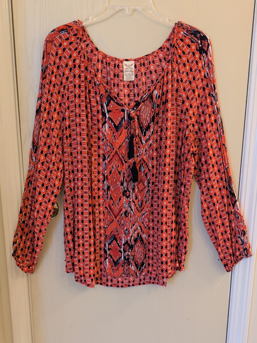 Faded Glory Coral Pink Patterned Tie-Neck Blouse Size XL